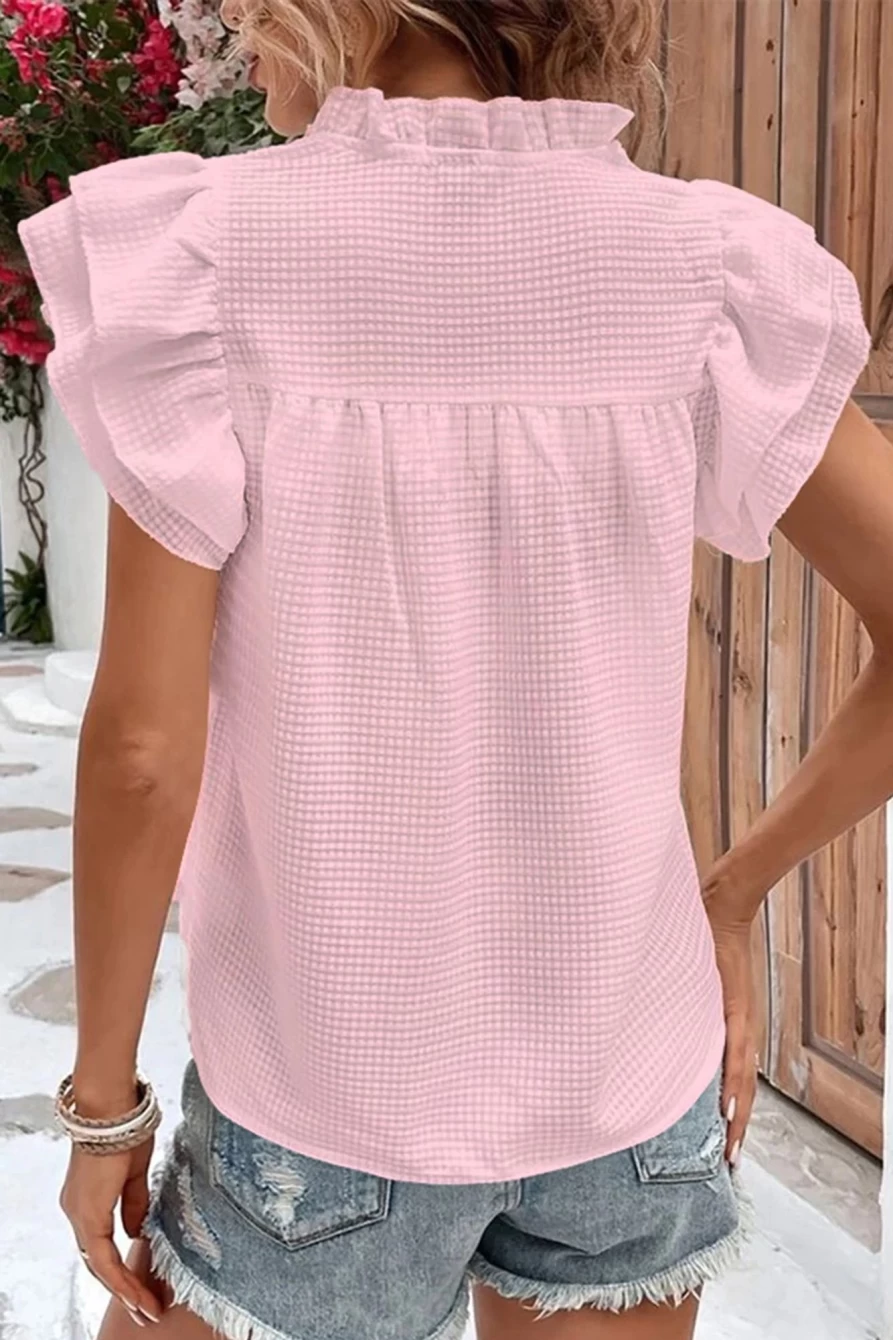 Shewin Women's Pink Textured Tiered Ruffle Sleeve Blouse - Elegant Feminine Top