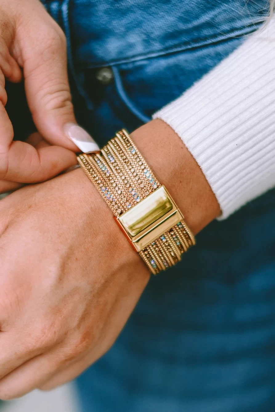 Shewin Gold Women's Diamond Leather Bracelet with Magnetic Buckle - Wide Luxury Cuff