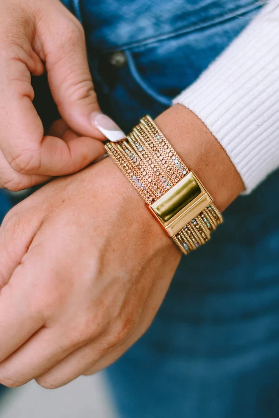 Shewin Gold Women's Diamond Leather Bracelet with Magnetic Buckle - Wide Luxury Cuff