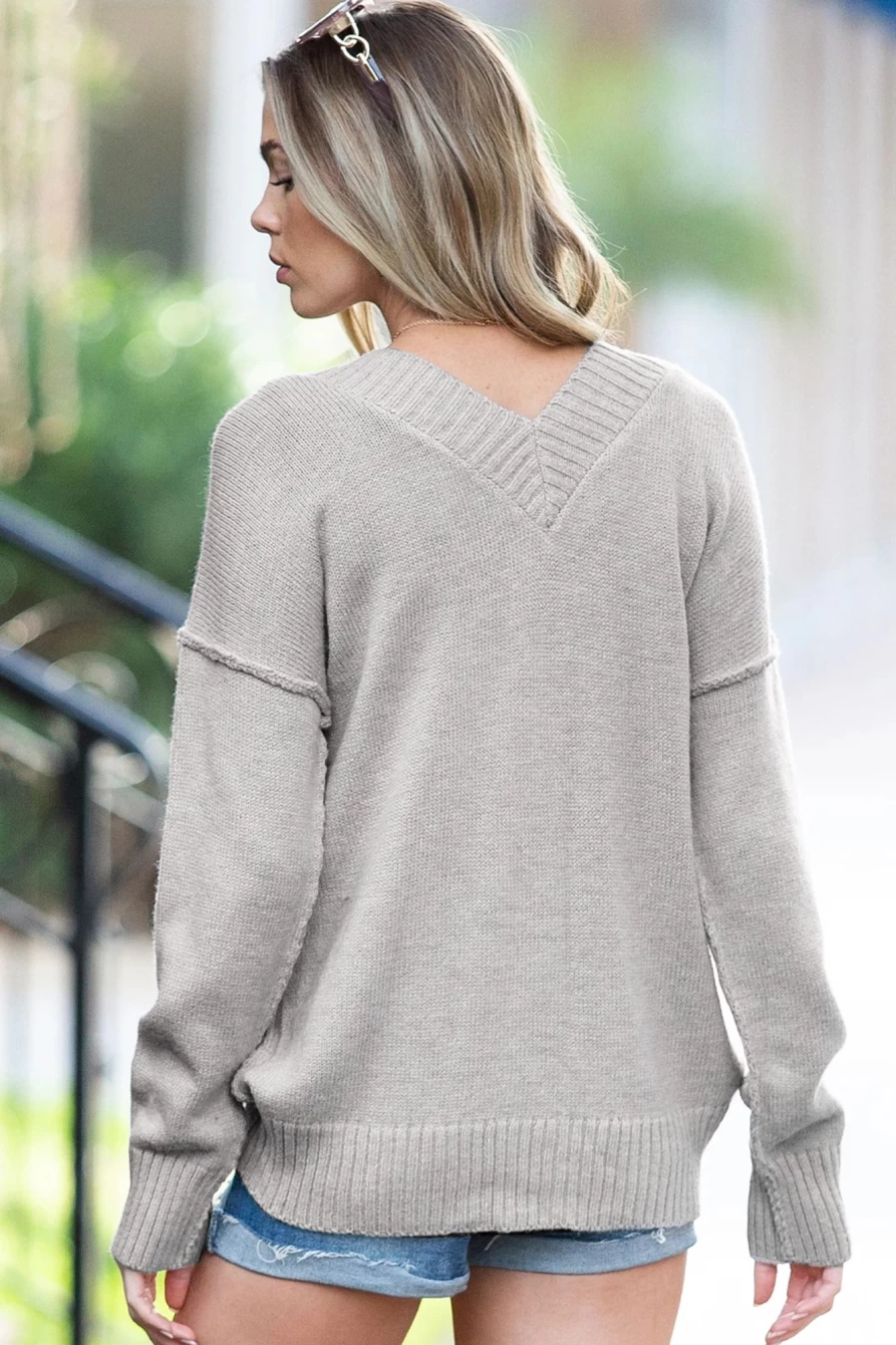 Shewin Women's Gray Slouchy V Neck Sweater with Exposed Seam Detail