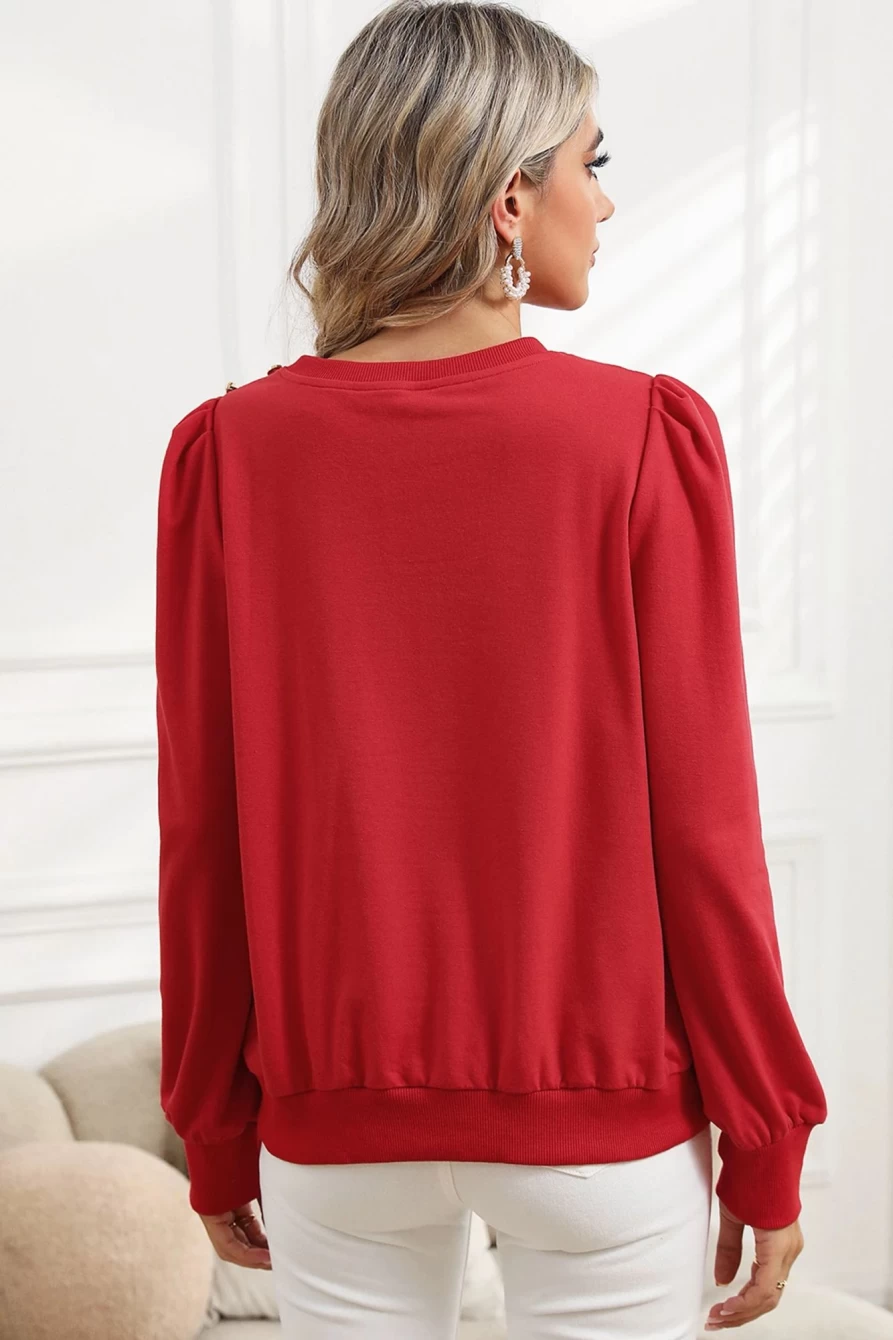 Shewin Women's Red Button Tab Detail Round Neck Long Sleeve Top