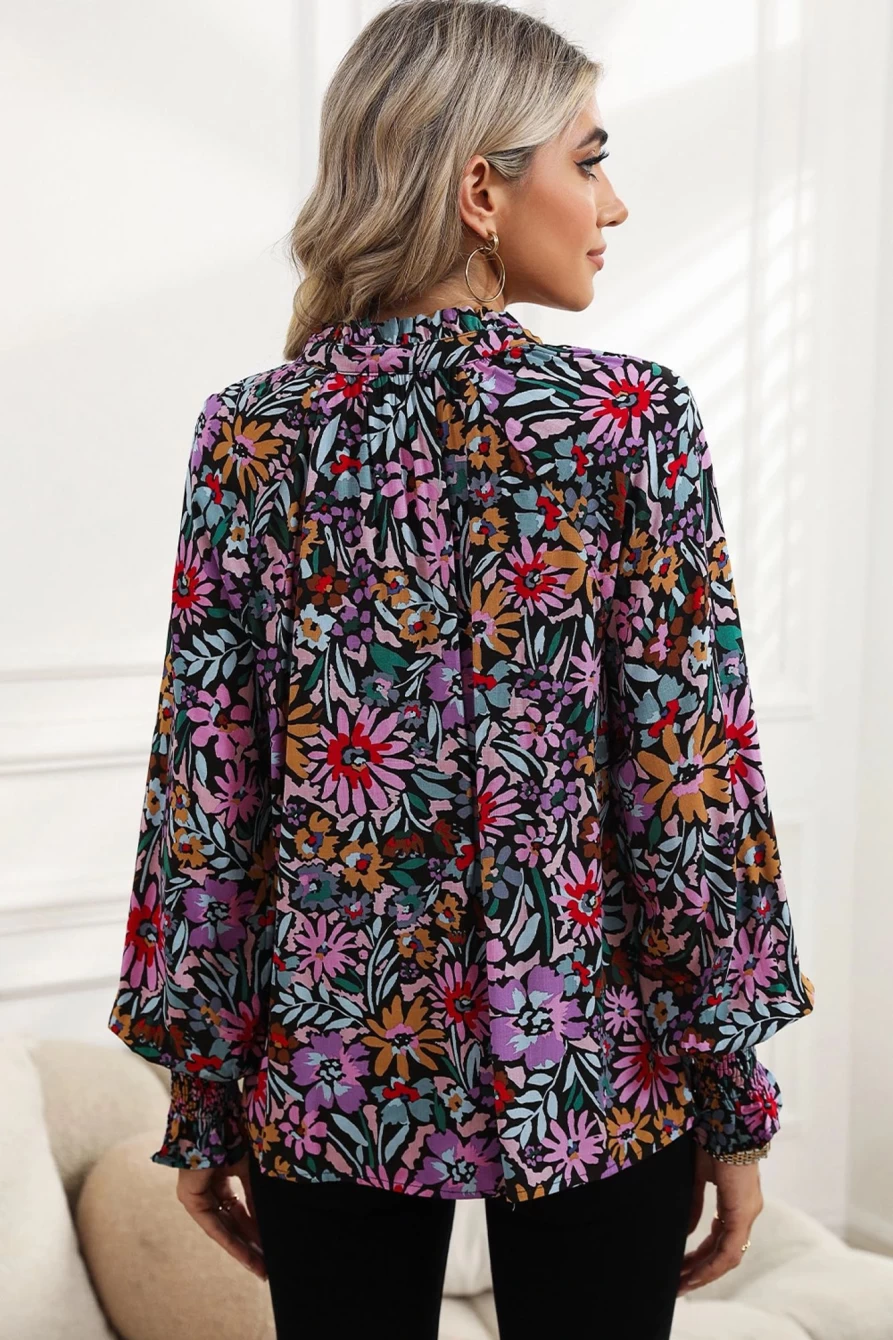 Shewin Women's Floral Boho Peasant Blouse - Multicolor V-Neck Tie Front Top