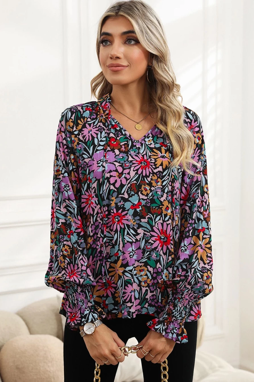 Shewin Women's Floral Boho Peasant Blouse - Multicolor V-Neck Tie Front Top