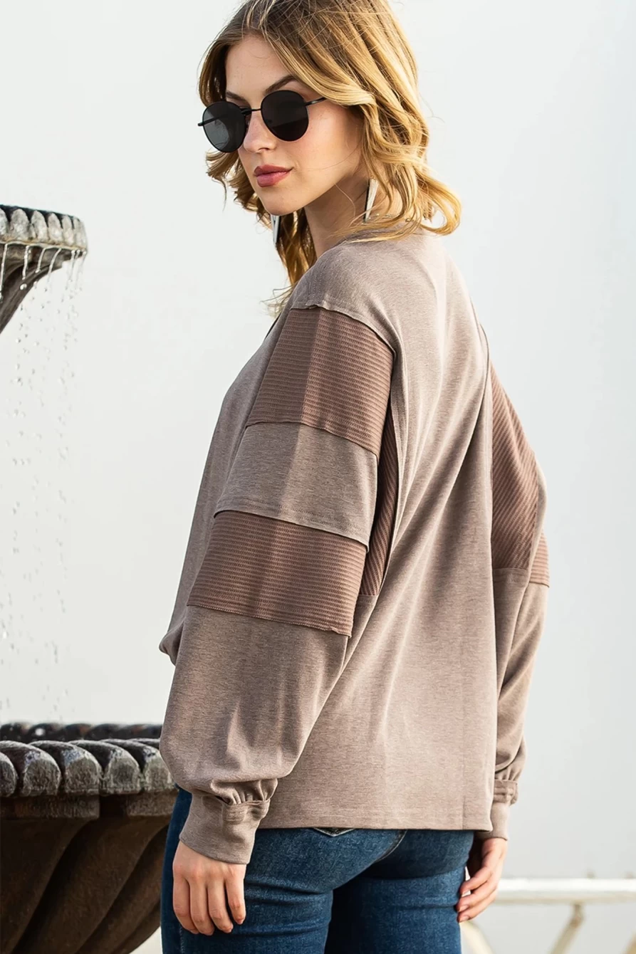 Shewin Women's Chestnut Waffle Henley Top with Dolman Sleeves & Patchwork Design