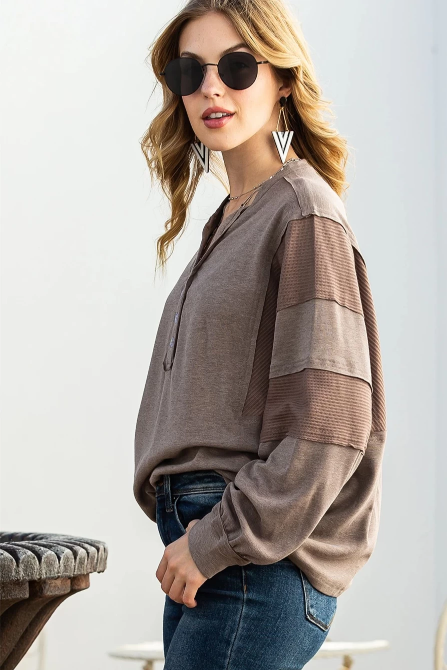 Shewin Women's Chestnut Waffle Henley Top with Dolman Sleeves & Patchwork Design