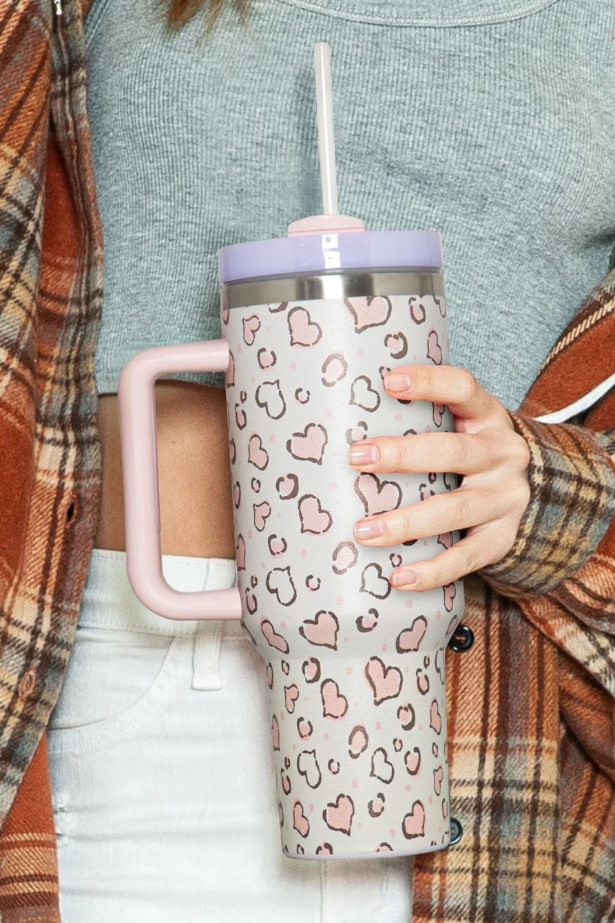 Shewin White Heart Shaped Handle Stainless Steel Travel Mug for Women - Portable Coffee Cup with Print Design