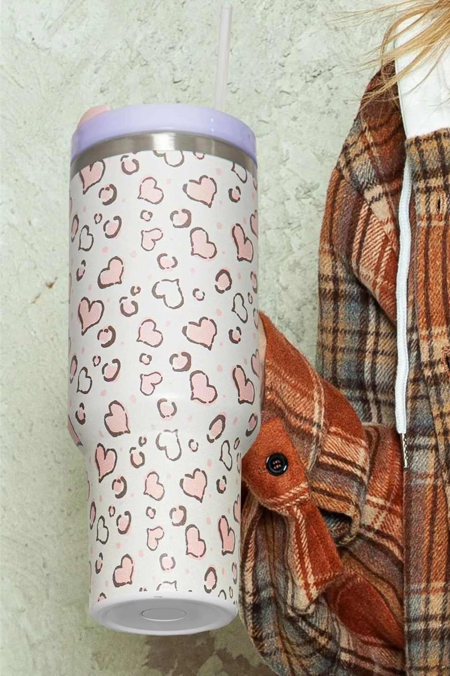 Shewin White Heart Shaped Handle Stainless Steel Travel Mug for Women - Portable Coffee Cup with Print Design