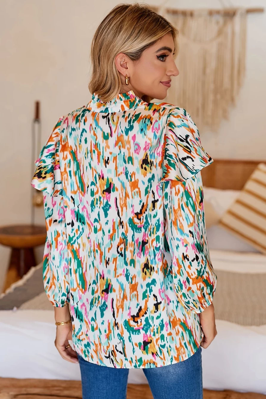 Shewin Women's Multicolor Abstract Print Blouse with 3/4 Puff Sleeves & Ruffle Detail