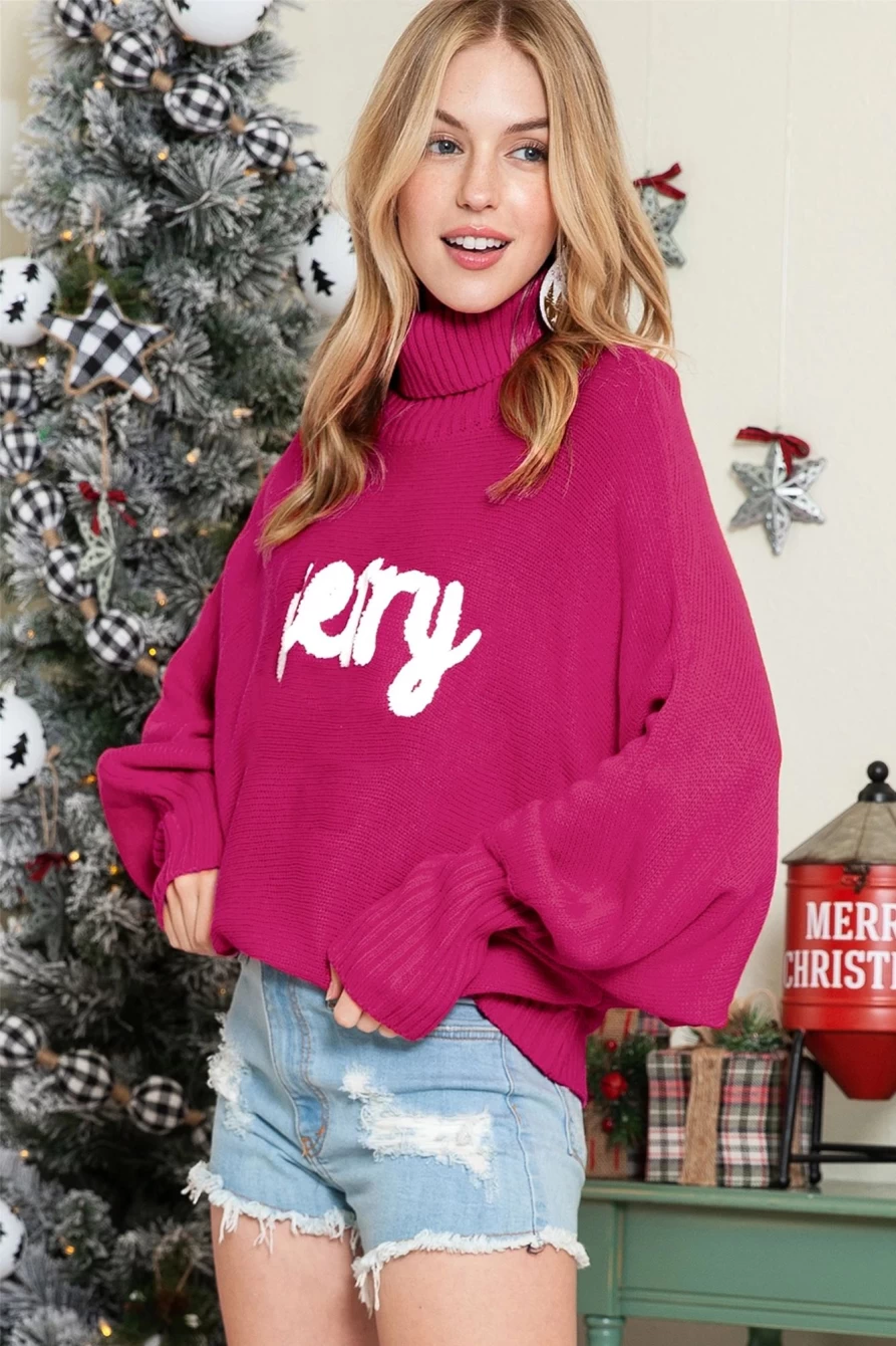 Shewin Women's Rose Red Christmas Sweater with Turtle Neck & Batwing Sleeves