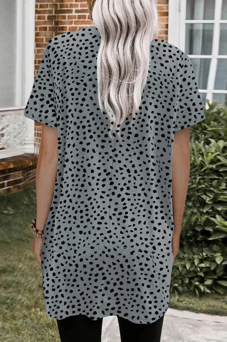 Shewin Women's Gray Cheetah Print Tunic Top with Side Pockets - Casual Short Sleeve Blouse