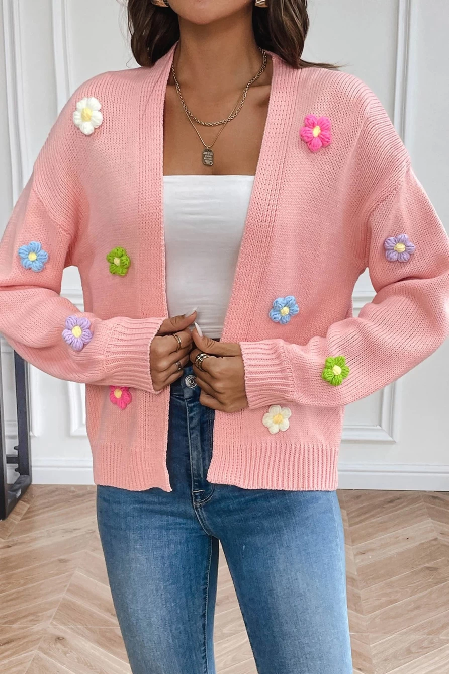 Shewin Women's Peach Blossom Hand-Knitted Flower Cardigan Sweater