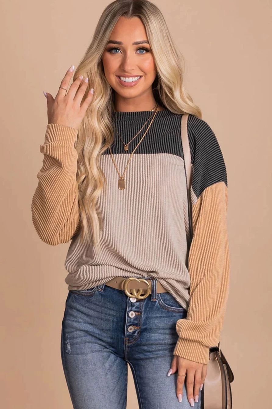 Shewin Women's Black Color Block Corduroy Long Sleeve Top