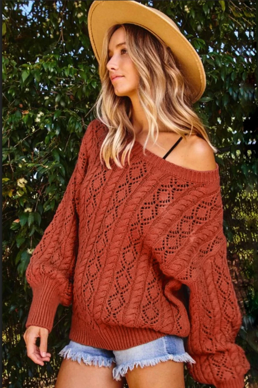Shewin Women's Orange Eyelet Lantern Sleeve Ribbed Trim Sweater