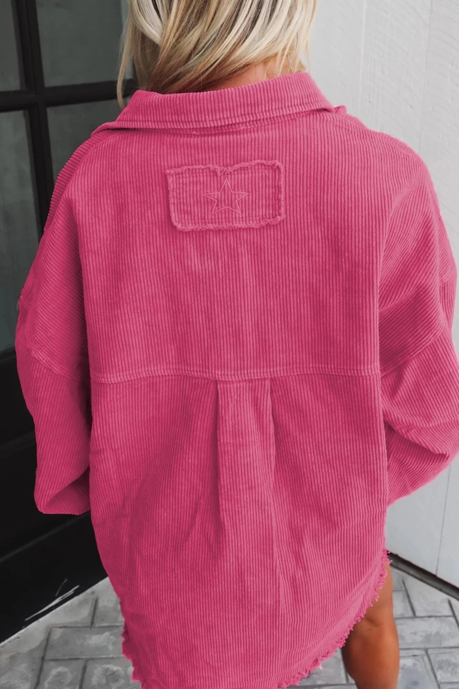 Shewin Women's Dark Pink Rosy Corduroy Jacket with Pockets, Loose Fit & Raw Hem