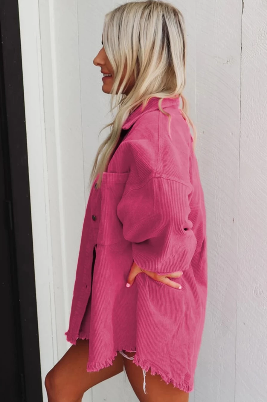 Shewin Women's Dark Pink Rosy Corduroy Jacket with Pockets, Loose Fit & Raw Hem