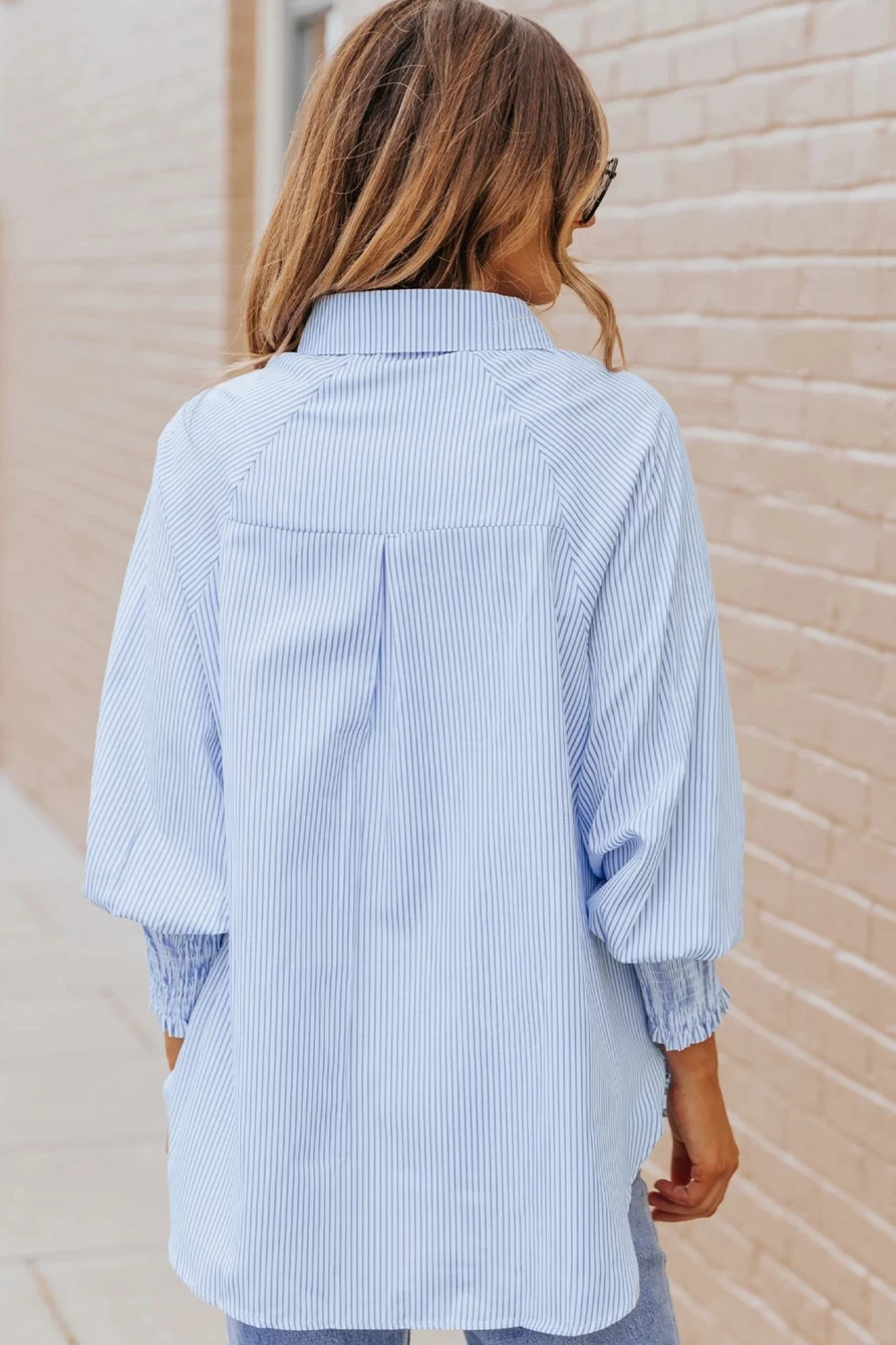 "Shewin Women's Sky Blue Striped Casual Shirt with Shirred Cuffs"