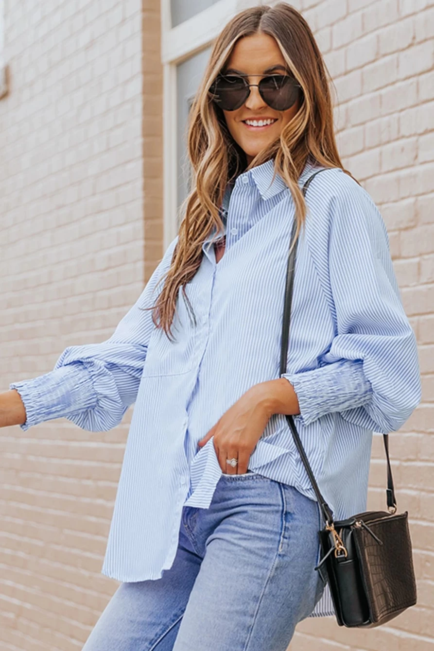 "Shewin Women's Sky Blue Striped Casual Shirt with Shirred Cuffs"