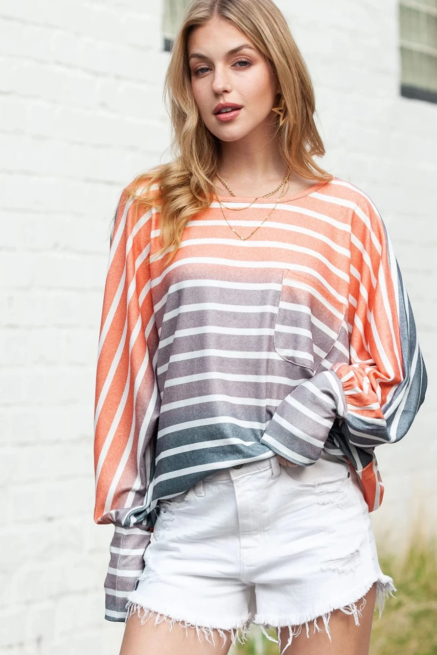 Shewin Women's Stripe Gradient Color Oversized Long Sleeve T-Shirt