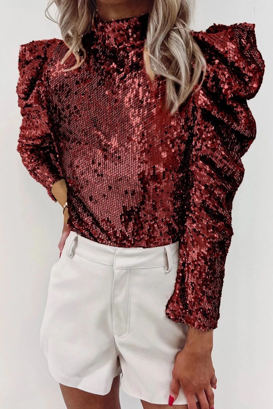 Shewin Women's Burgundy Sequin Mock Neck Ruched Puff Sleeve Top