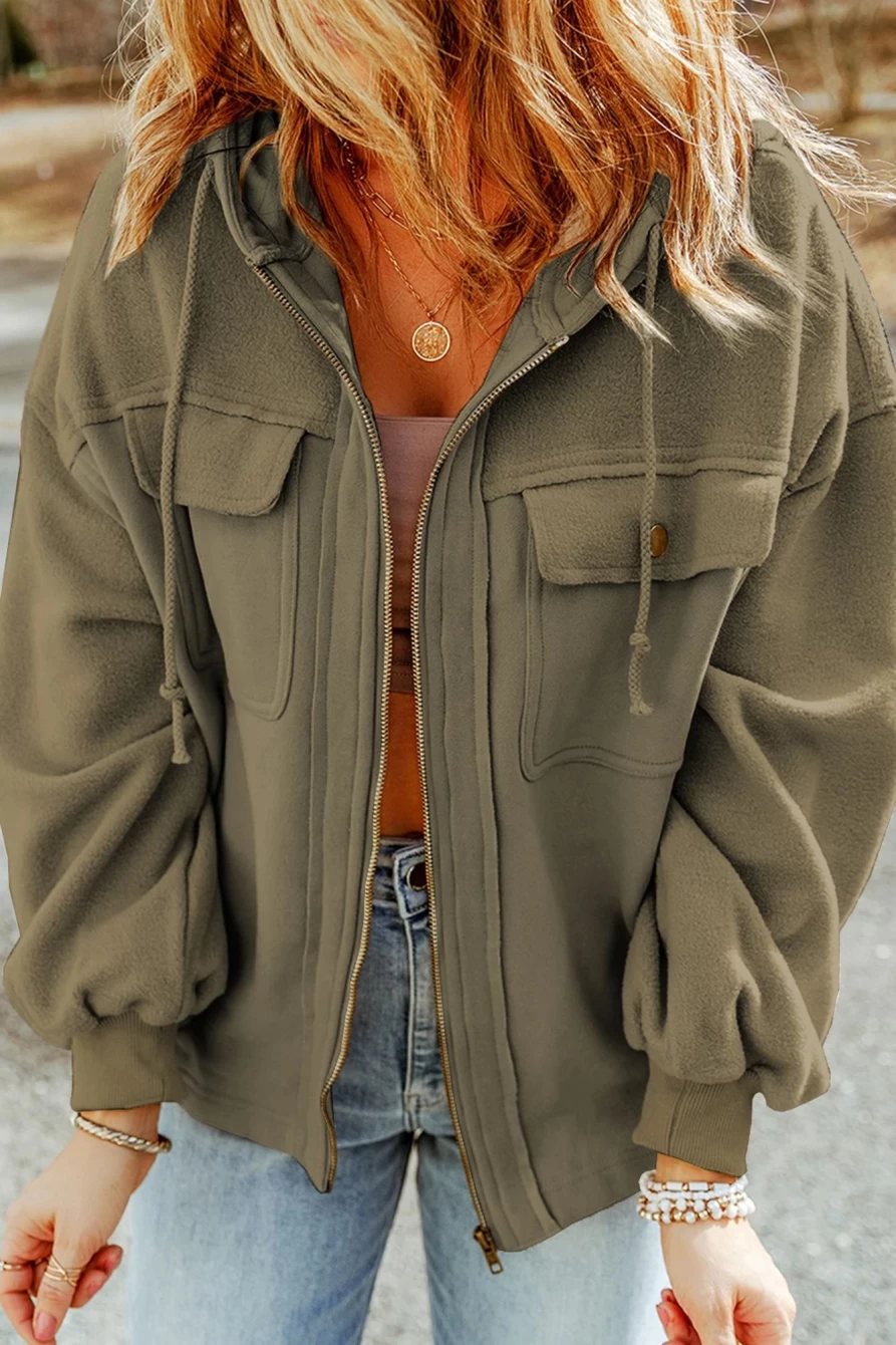 Shewin Women's Pickle Green Zip Up Hoodie Jacket with Bishop Sleeves & Flap Pockets