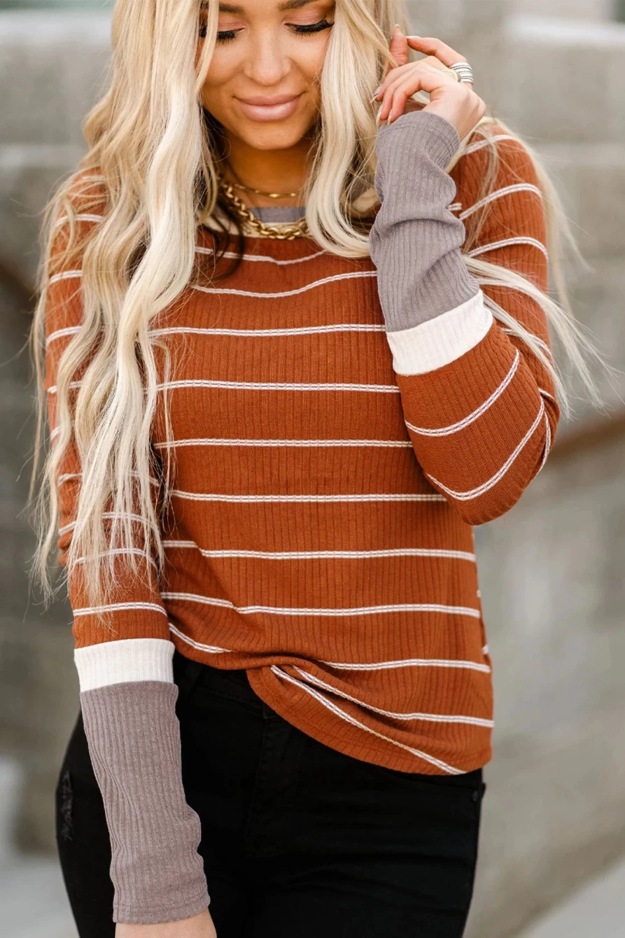 Shewin Women's Brown Rib Knit Top with Contrast Color Block Spliced Cuffs