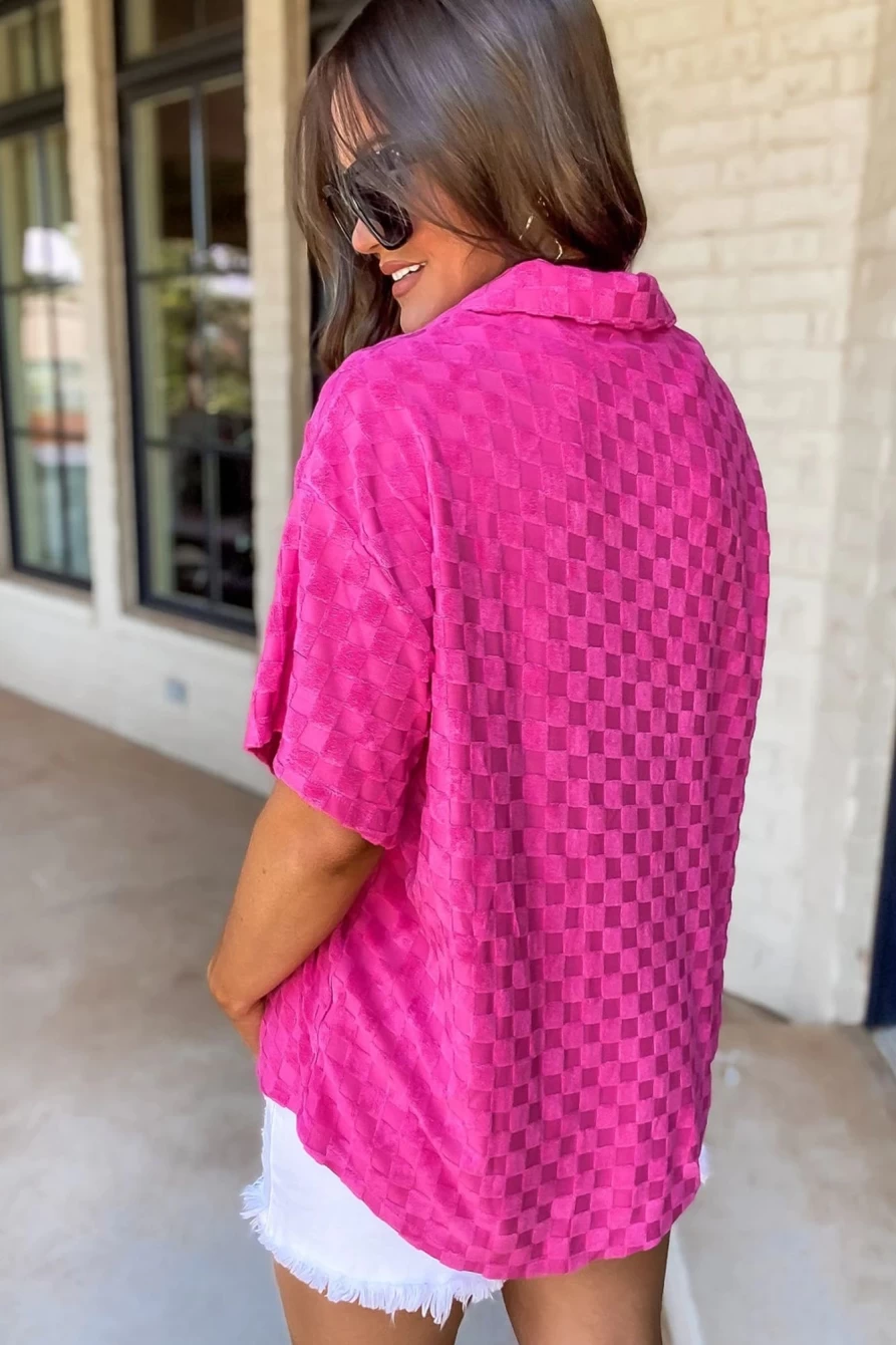 Shewin Women's Bright Pink Checkered Textured Lapel Neck Shirt