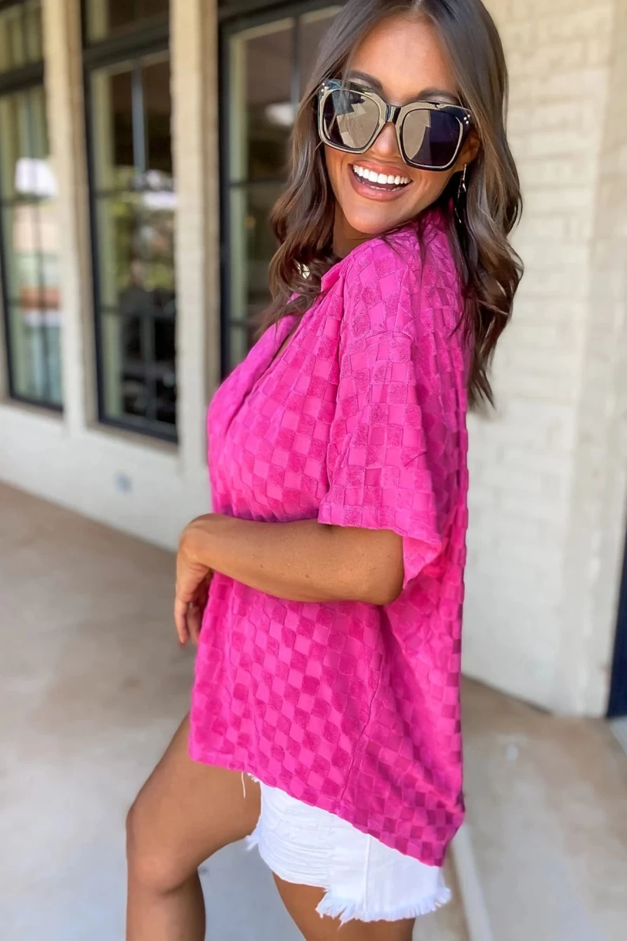 Shewin Women's Bright Pink Checkered Textured Lapel Neck Shirt
