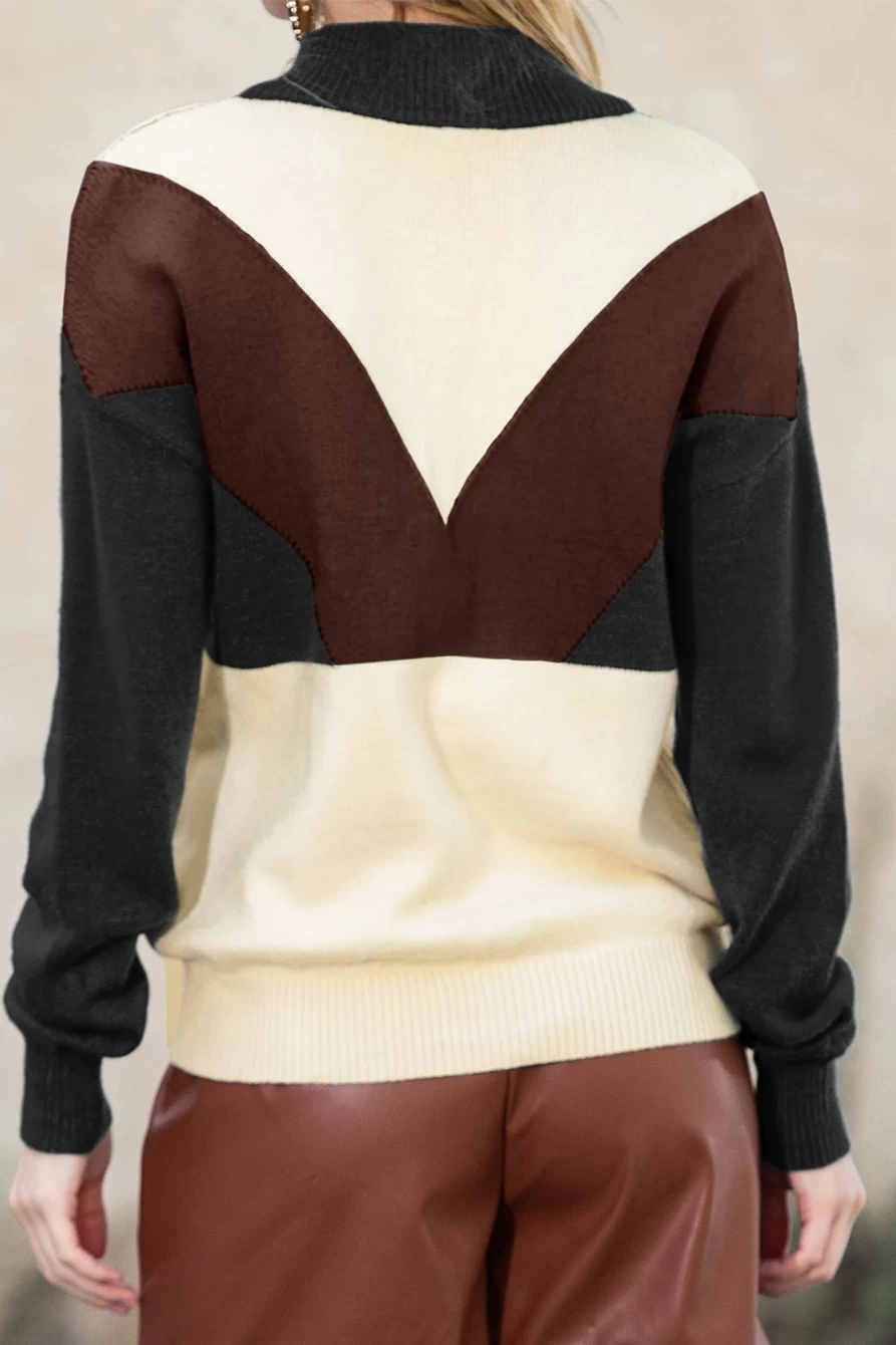 Shewin Women's Multicolor V-Neck Color Block Knit Sweater with Half Button Detail