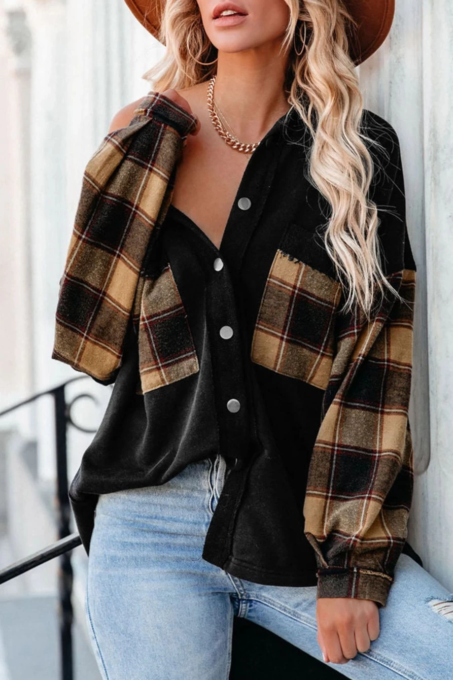 Women's Black Plaid Patchwork Oversized Shacket with Chest Pockets - Shewin