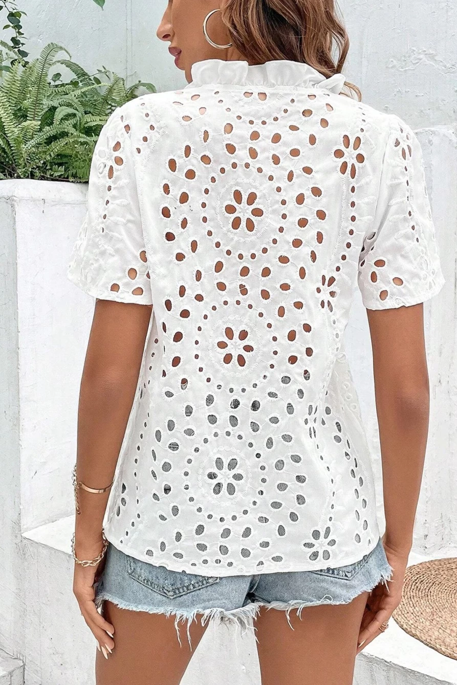 Shewin Women's White Boho Geometric Cut-Out V-Neck Blouse