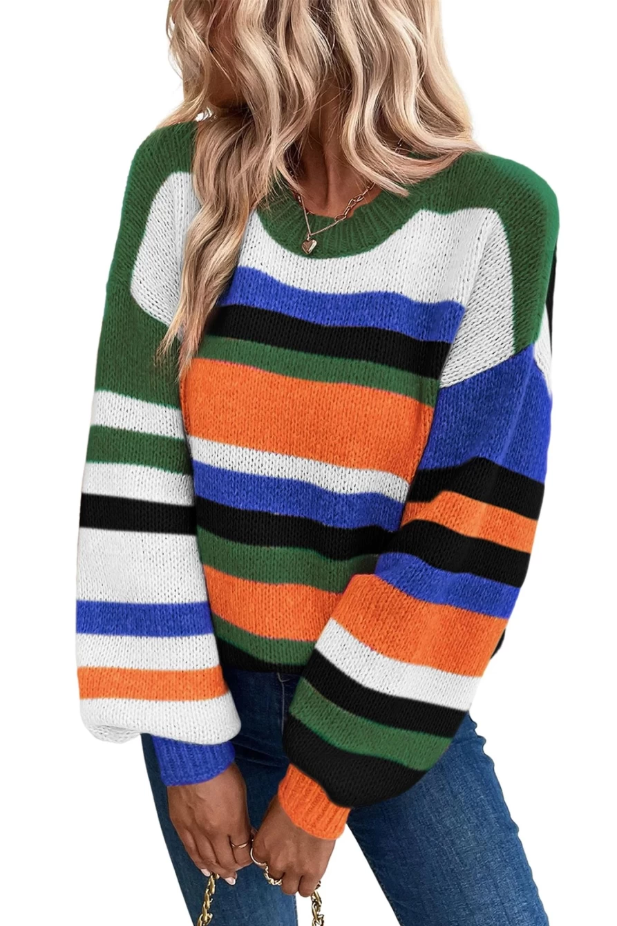 Shewin Women's Multicolour Striped Knit Drop Shoulder Lantern Sleeve Sweater