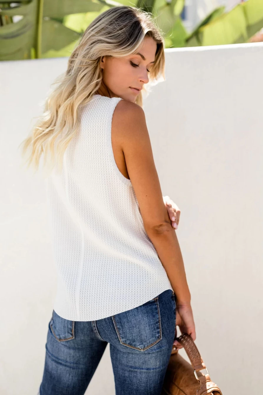 Shewin Women's White Basic Waffle Knit Crew Neck Tank Top