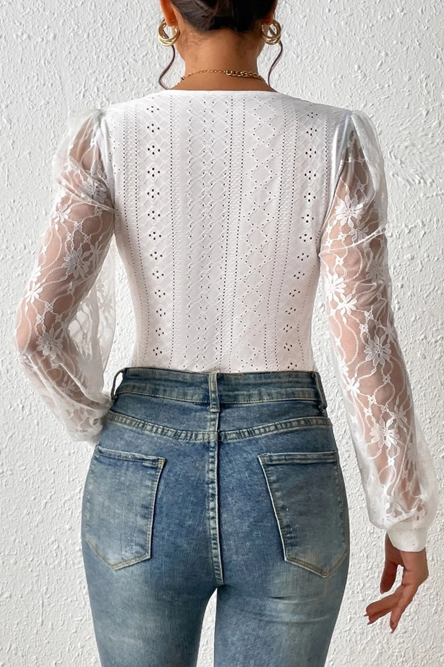 Shewin Women's White Eyelet Contrast Lace Bishop Sleeve Bodysuit