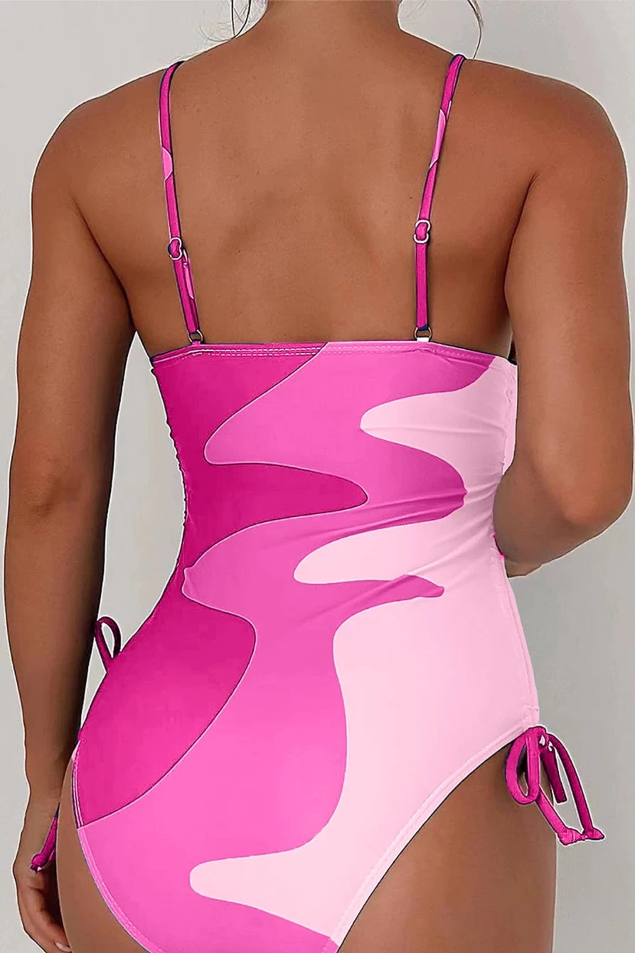 Women's Rose Printed Color Block One Piece Swimsuit with Drawstring Sides | SHEWIN