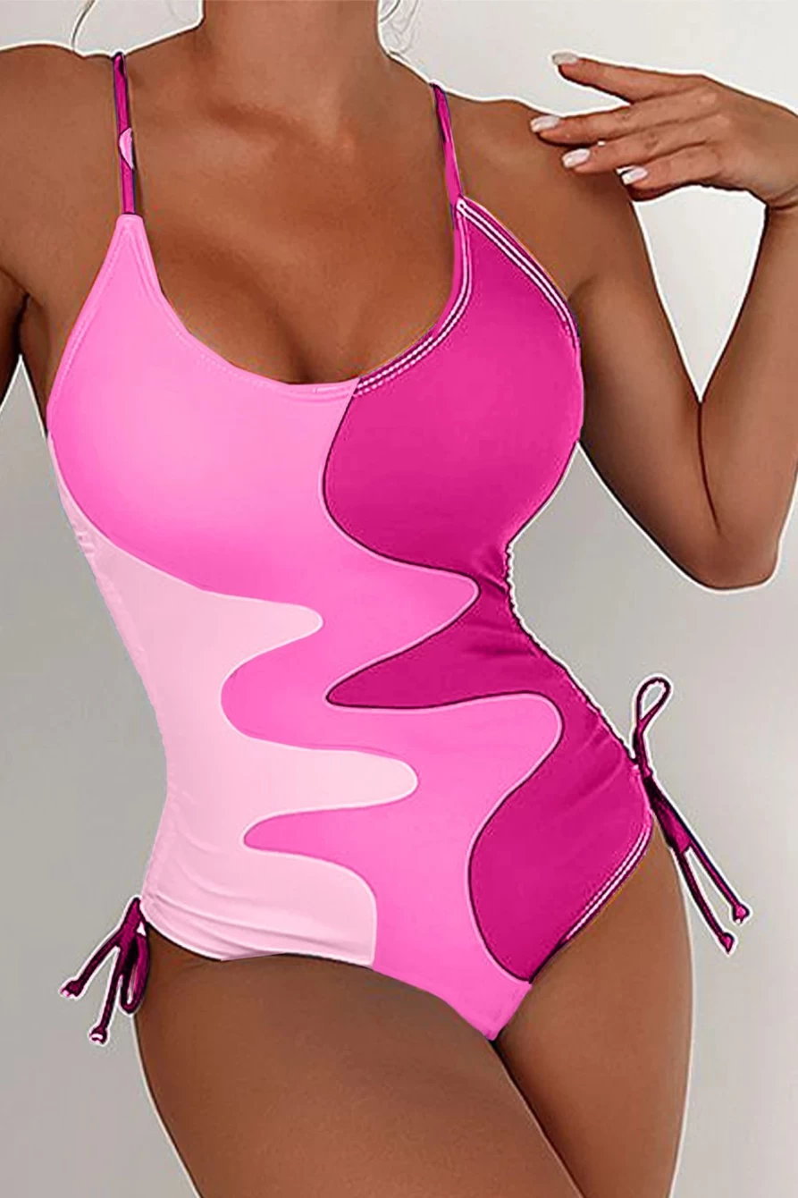 Women's Rose Printed Color Block One Piece Swimsuit with Drawstring Sides | SHEWIN