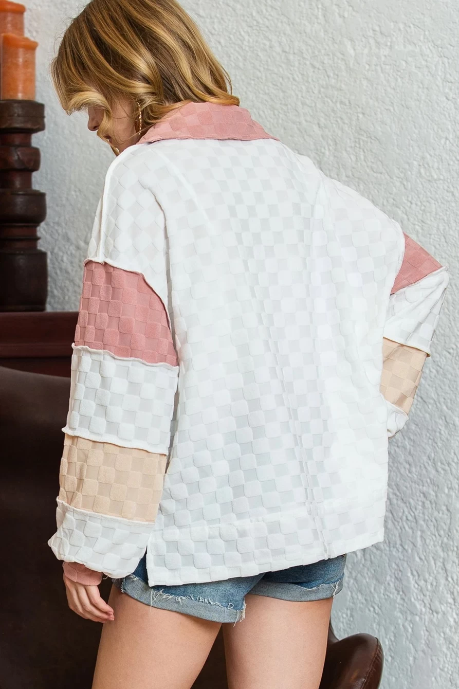 Shewin Women's Bright White Patchwork Collared Top with Lantern Sleeves