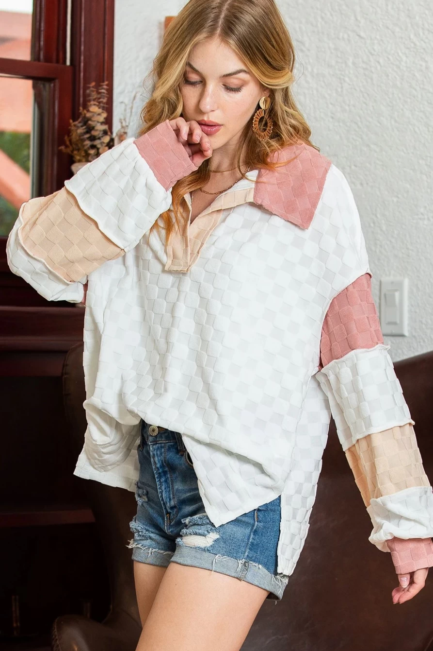Shewin Women's Bright White Patchwork Collared Top with Lantern Sleeves
