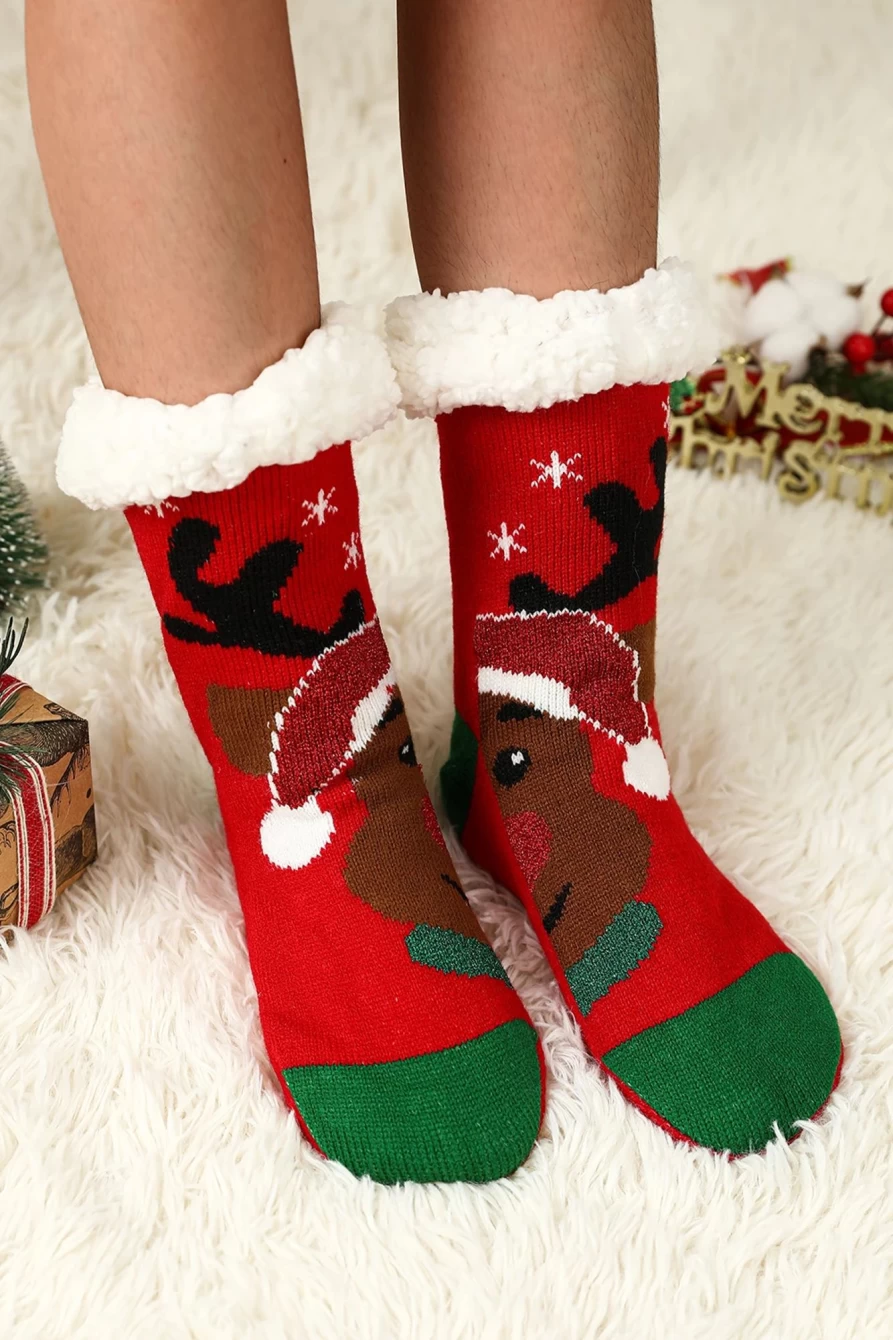 "Shewin Women's Fiery Red Christmas Reindeer Thermal Socks for Winter Warmth"