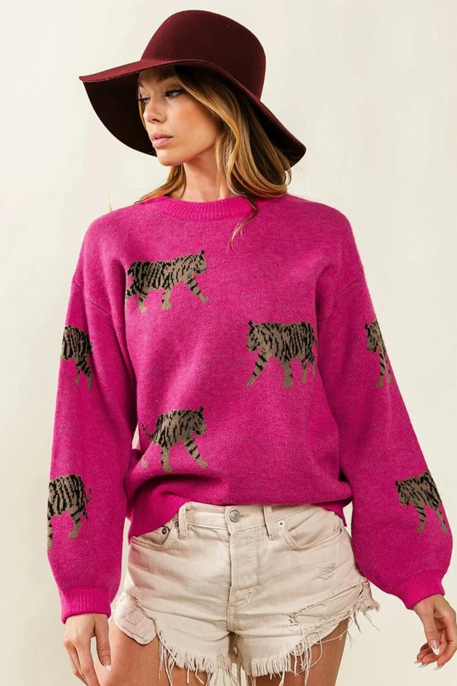 "SheWin Women's Rose Red Leopard Print Drop Shoulder Knit Sweater"