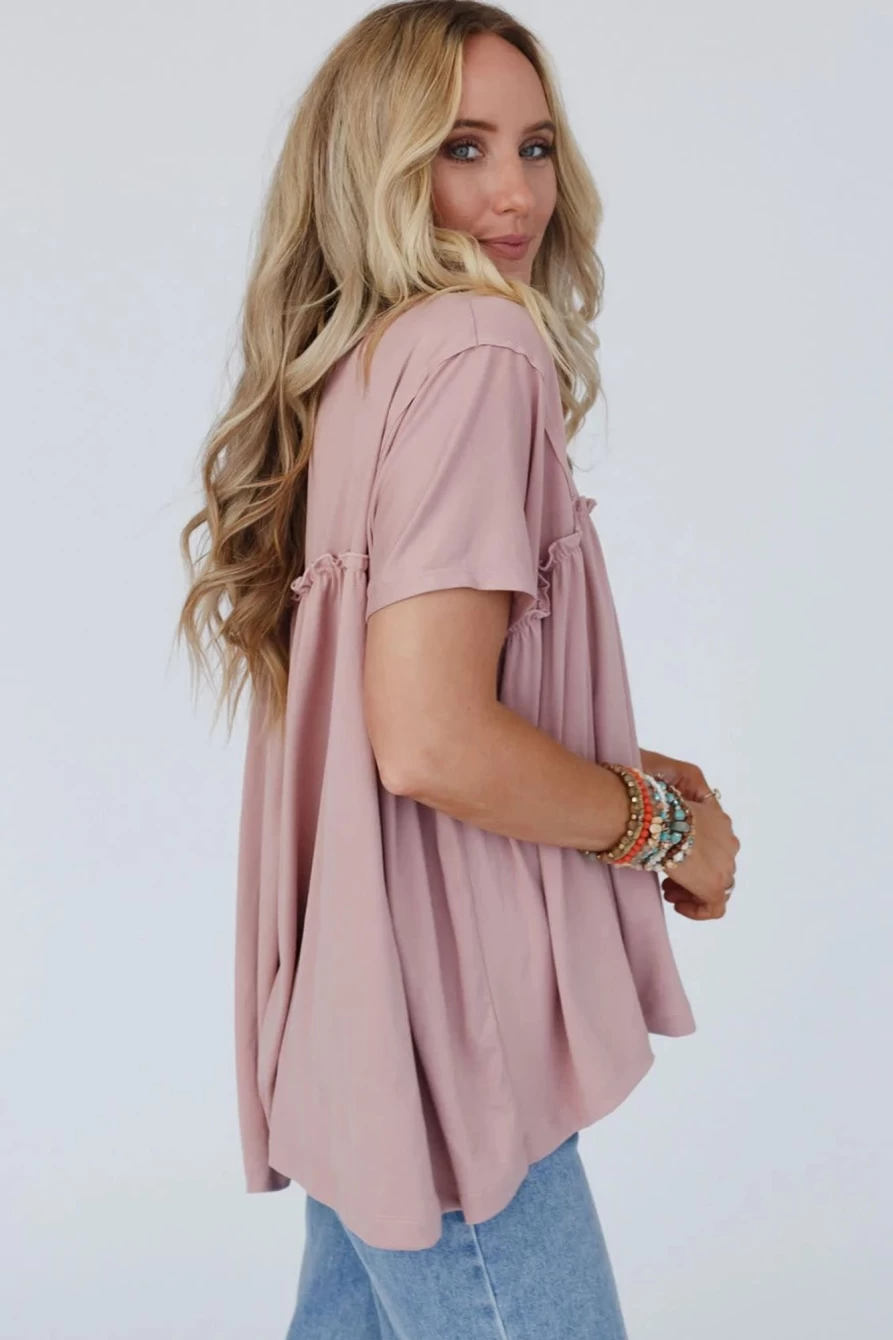 Shewin Women's Light Pink Plain Frilled Loose Babydoll Blouse Top