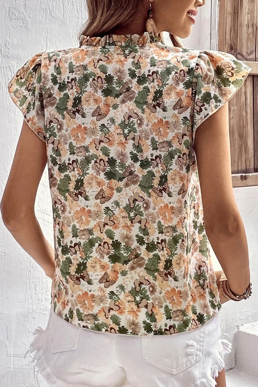 Shewin Women's Laurel Green Floral Print V-Neck Frilled Blouse with Butterfly Sleeves