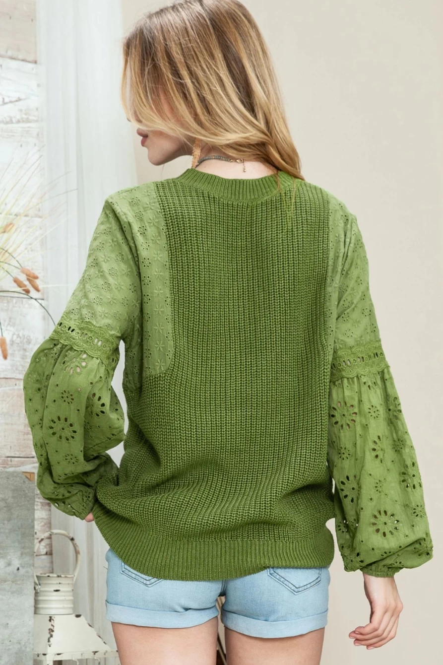 Women's Green Eyelet Drop Shoulder Long Sleeve Pullover Sweater | Shewin