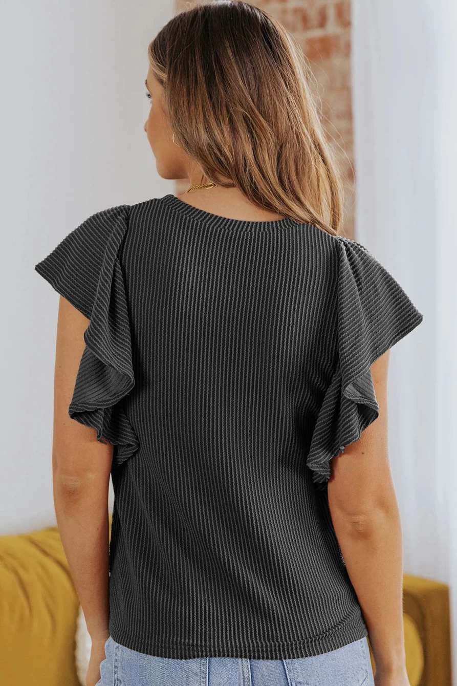 Shewin Women's Black Textured Summer Top with Butterfly Sleeves