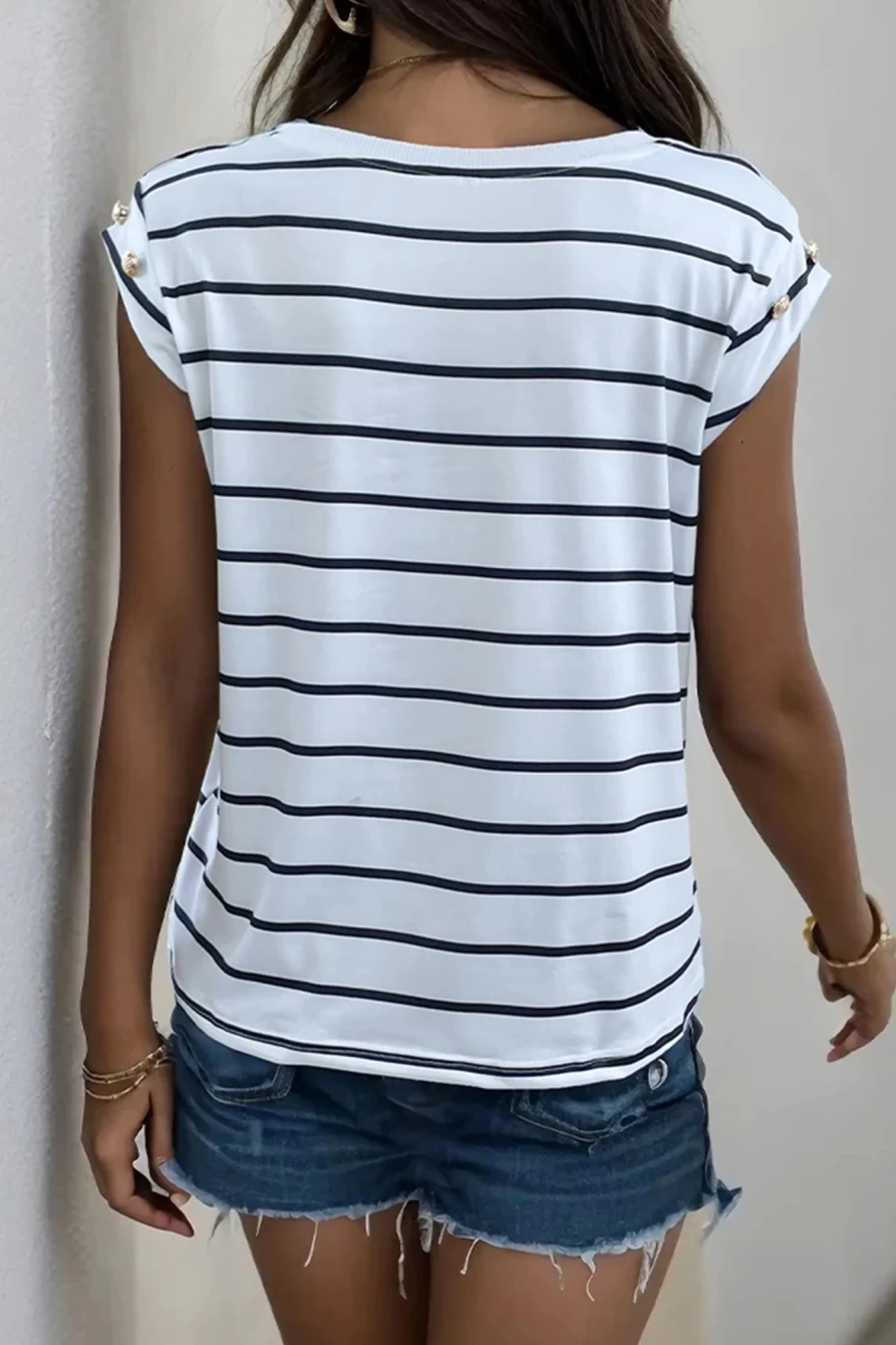 Shewin Women's White Stripe Casual Round Neck Button-Detail T-Shirt