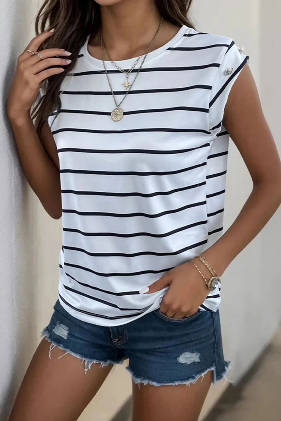 Shewin Women's White Stripe Casual Round Neck Button-Detail T-Shirt