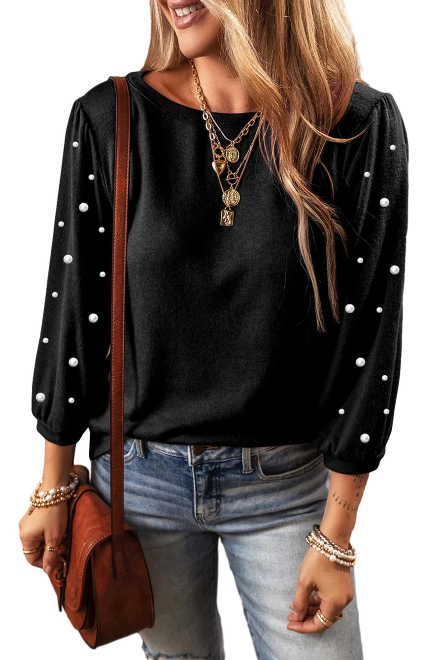 Shewin Women's Black Pearl Embellished 3/4 Sleeve Crew Neck Top