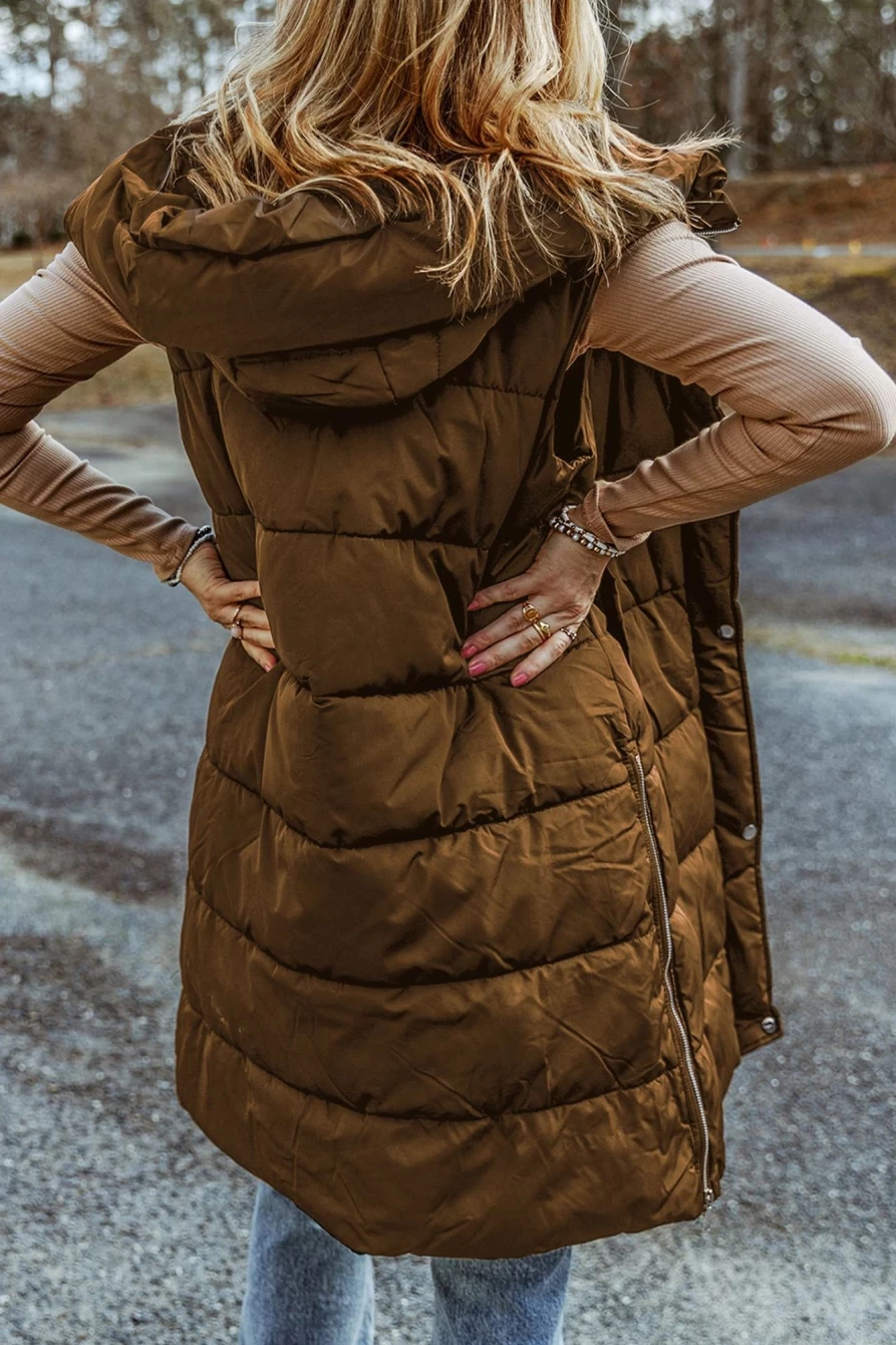 Women's Chestnut Quilted Long Vest Coat with Hood & Pockets | SHEWIN