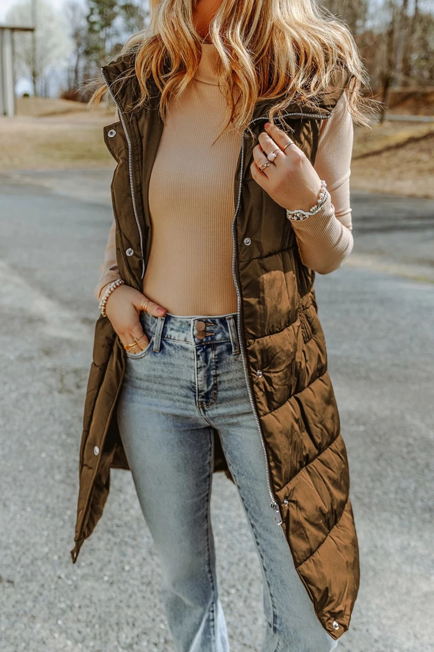 Women's Chestnut Quilted Long Vest Coat with Hood & Pockets | SHEWIN