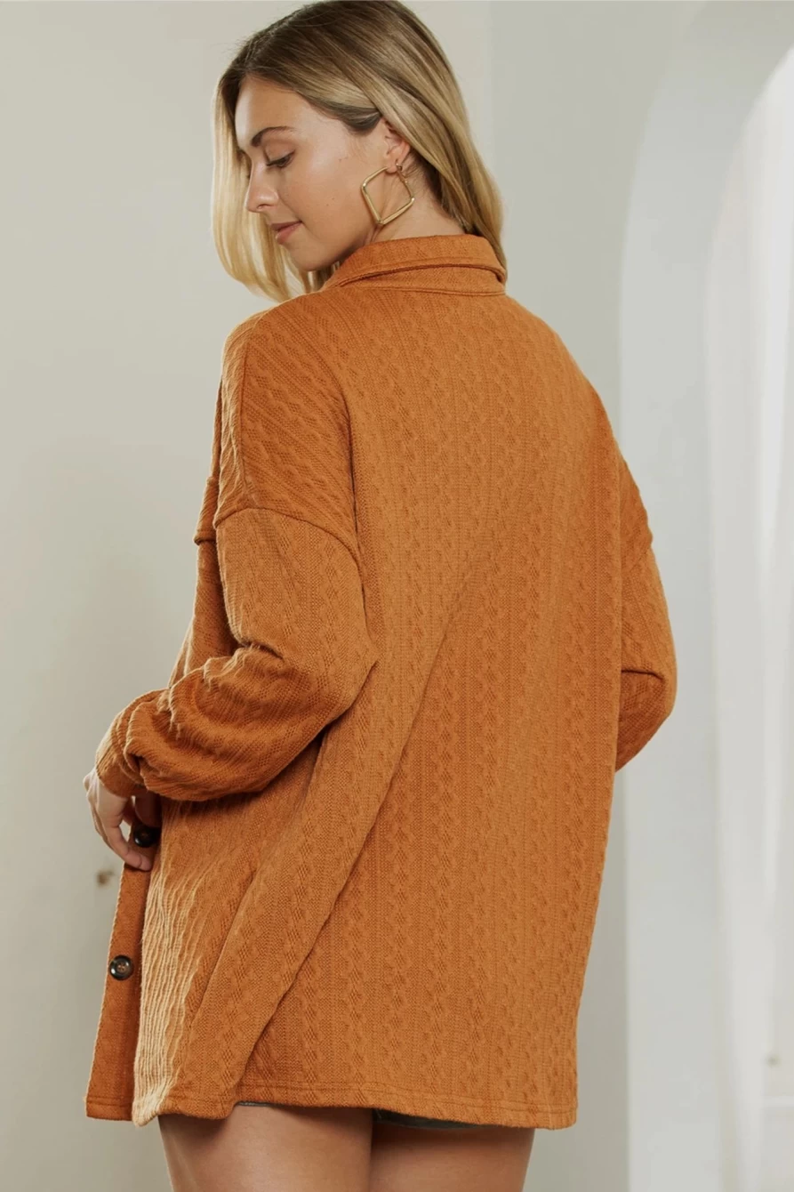 Shewin Women's Orange Textured Knit Oversize Shacket with Flap Pockets
