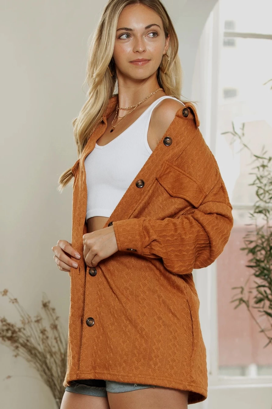 Shewin Women's Orange Textured Knit Oversize Shacket with Flap Pockets